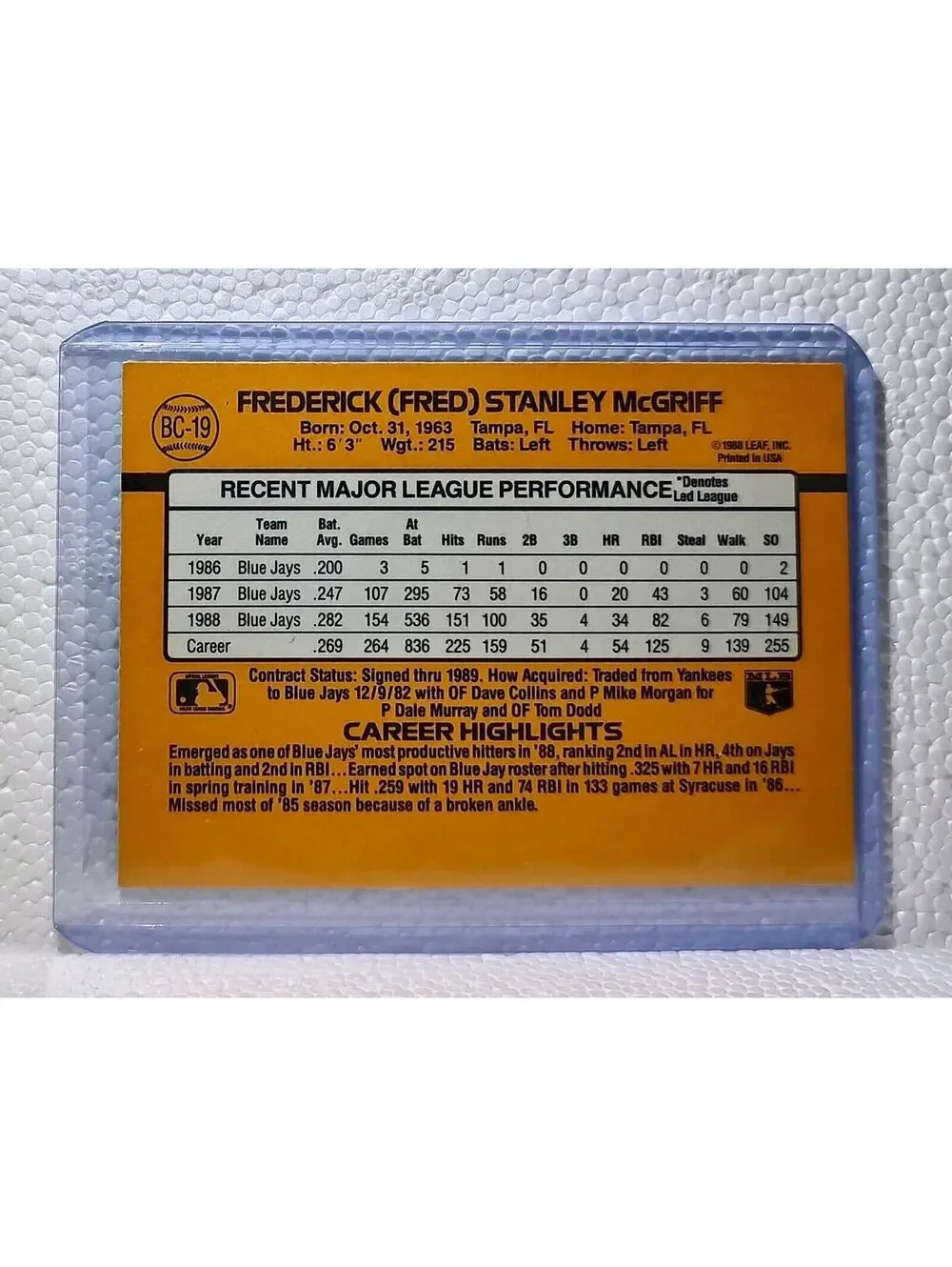 Fred McGriff 1989 Donruss MLB #BC-19 Baseball Card Toronto Blue Jays